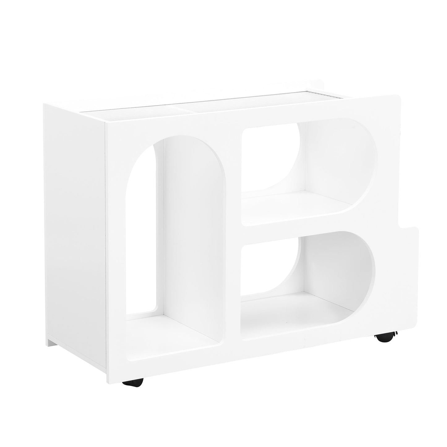 Stylish mobile desk with lockable wheels, white bedside table with 5mm thick grooved tempered glass and gold round bars eprolo