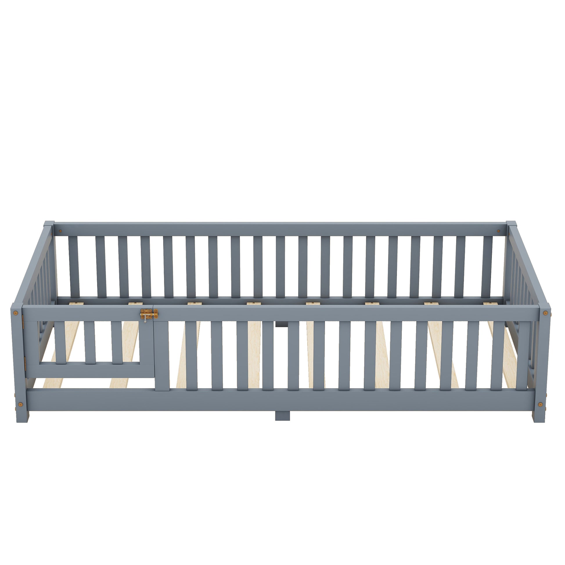 Twin Size Bed Floor Bed with Safety Guardrails and Door for Kids, Gray eprolo