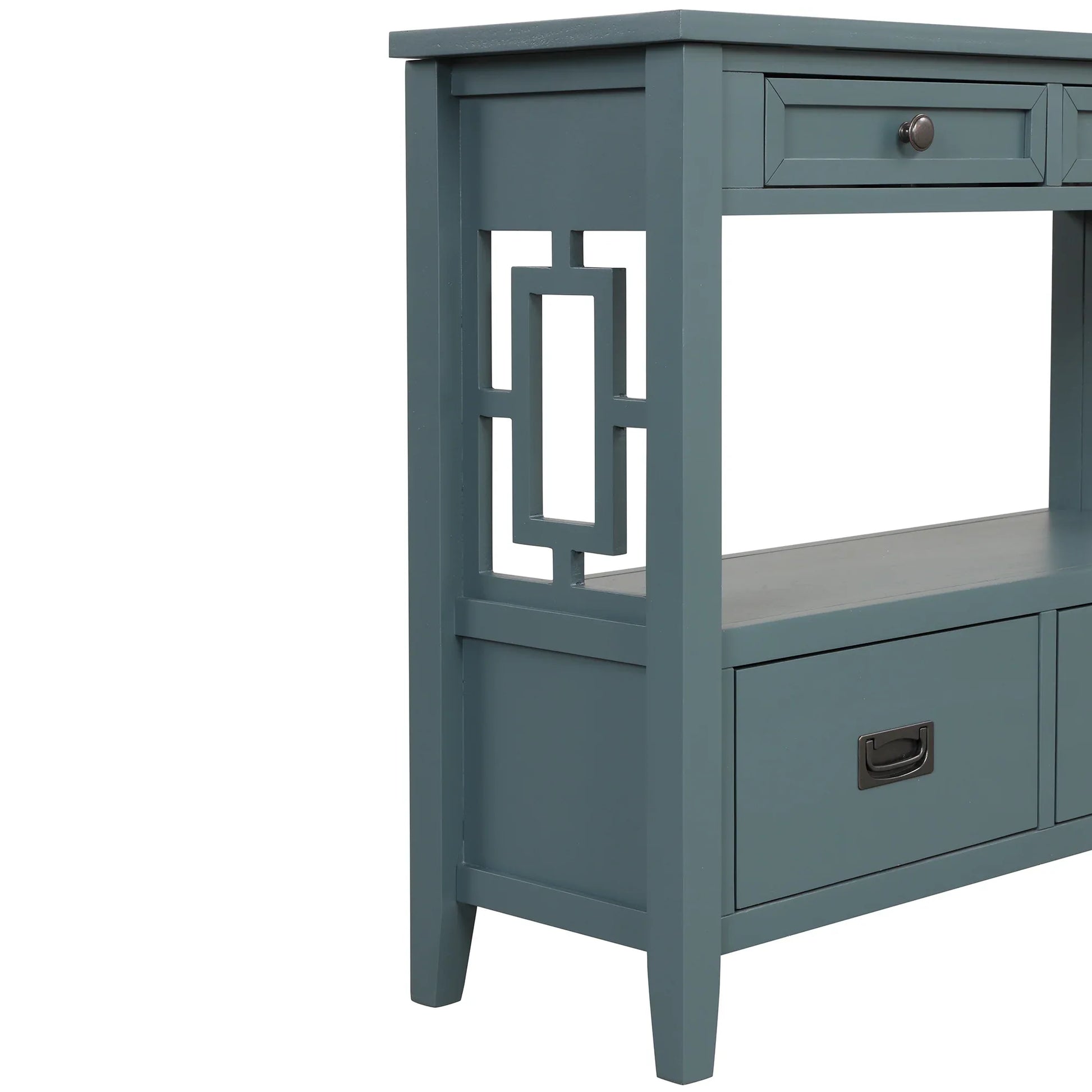 Farmhouse Pine Console Table - 36" Entry Table with 4 Drawers & Storage Shelf in Blue - Shello's Creative Boutique