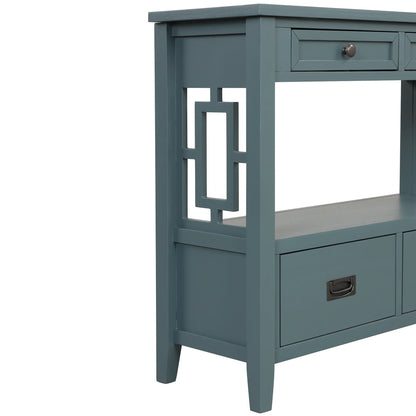 Farmhouse Pine Console Table - 36" Entry Table with 4 Drawers & Storage Shelf in Blue - Shello's Creative Boutique