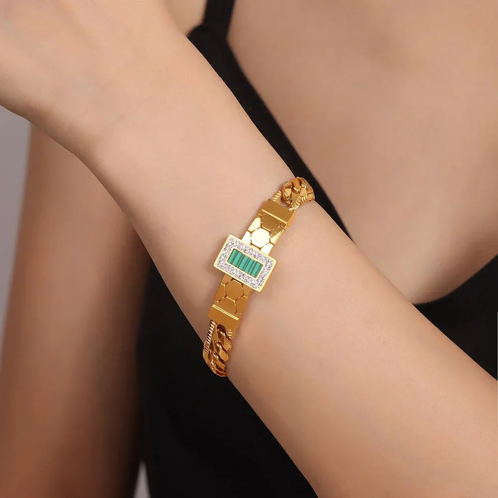 18K gold exquisite light luxury geometric inlaid zircon and gemstone design versatile bracelet necklace set - Shello's Creative Boutique