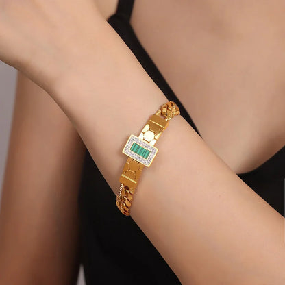 18K gold exquisite light luxury geometric inlaid zircon and gemstone design versatile bracelet necklace set - Shello's Creative Boutique