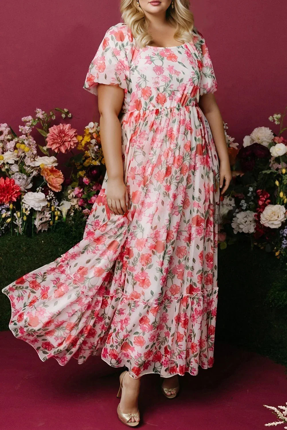 Pink Floral Maxi Dress - Plus Size Square Neck Puff Sleeve Ruffle Dress for Summer - Shello's Creative Boutique