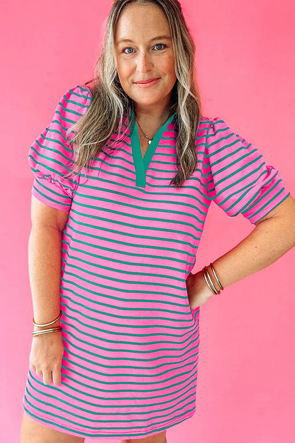 Rose Stripe Collared Puff Sleeve Dress - Playful, Chic, and Perfect for Any Occasion! - Shello's Creative Boutique