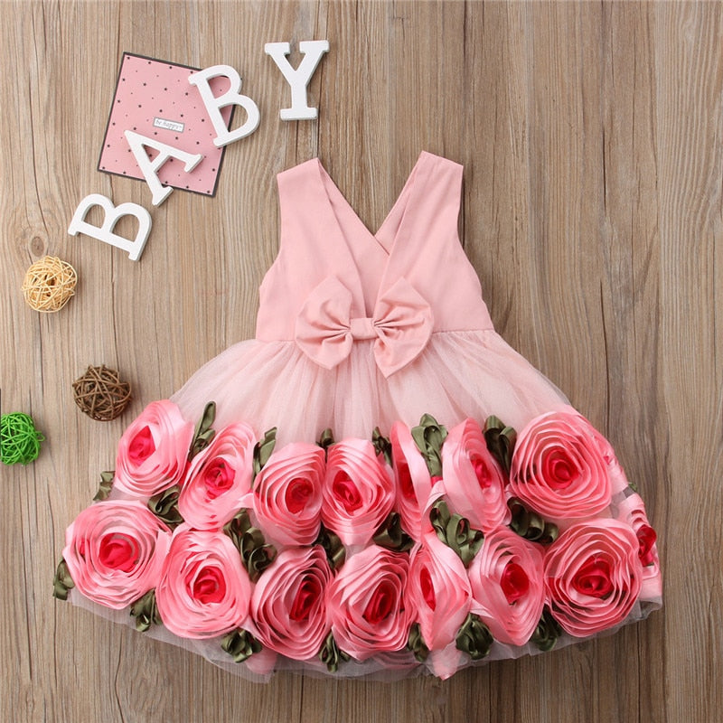 Toddler Baby Kids Girls clothes Flower print V-neck sleeveless Tulle Bow Casual cotton backless Summer Mini Dresses one pieces eprolo