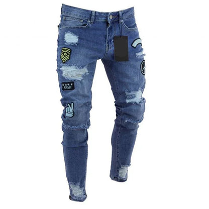 Men's Ripped jeans Badge Letters Hip-hop Skinny Jogging Denim Fashion Pencil Long Trousers Distressed Jeans For Men Clothing - Shello's Creative Boutique