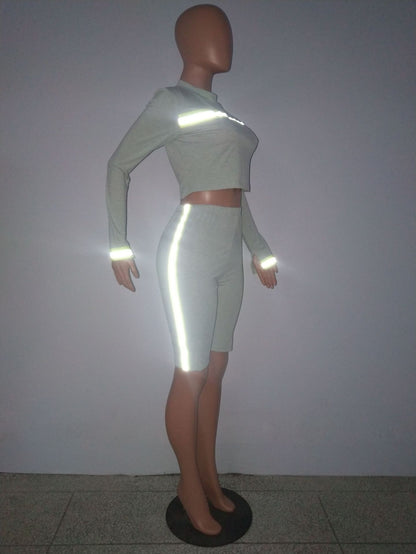 Side Stripe Reflective Set Sexy Two Piece Set Tracksuit Women Crop Top and Biker Shorts Club Outfits Neon Matching Sets eprolo