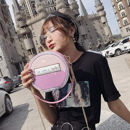 Round Letter Printed Perfume Bottle Pu Leather Casual Handbag Chain Purse Shoulder Bag - Shello's Creative Boutique