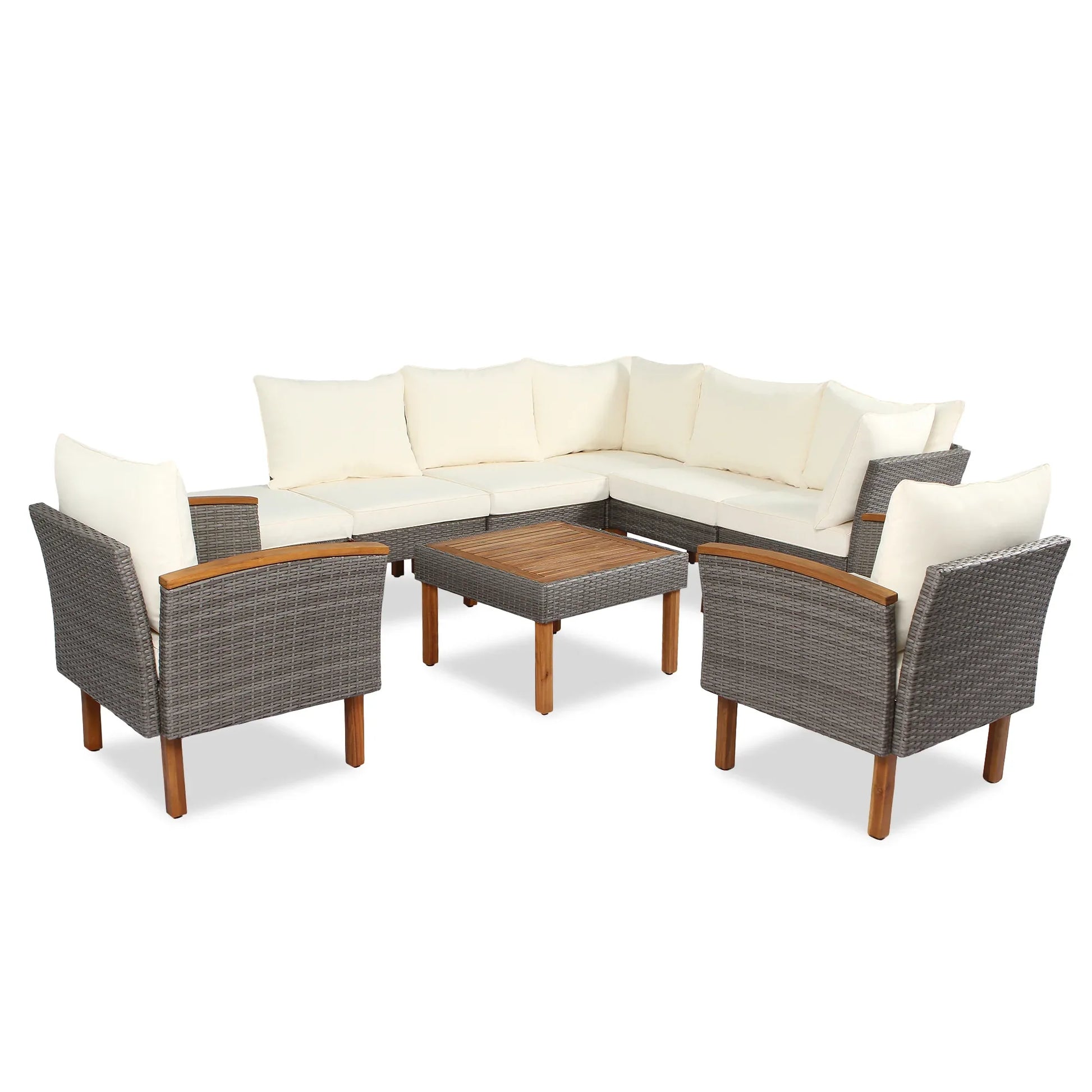 9-piece Patio rattan furniture set with Acacia wooden legs and tabletop sofa set, coffee table washable cushion beige - Shello's Creative Boutique