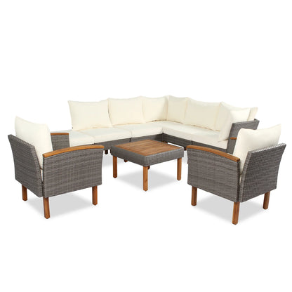 9-piece Patio rattan furniture set with Acacia wooden legs and tabletop sofa set, coffee table washable cushion beige - Shello's Creative Boutique