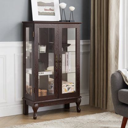 Dual door Curio cabinet with tempered glass mirror back panel and adjustable shelf display cabinet with light bulbs cherry color eprolo