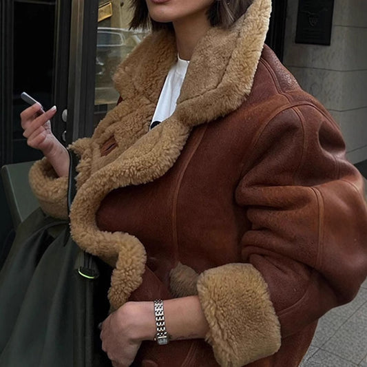 European and American collar long sleeved fur one-piece jacket, autumn and winter lamb wool loose and warm comfortable casual jacket eprolo