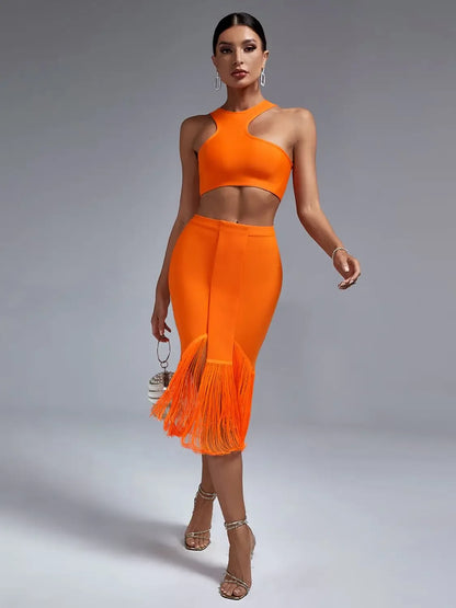 Bandage Two Piece Set Top and Skirt Women Elegant Sexy Fringed Orange 2 Piece Set Birthday Evening Party Club Outfits Summer - Shello's Creative Boutique