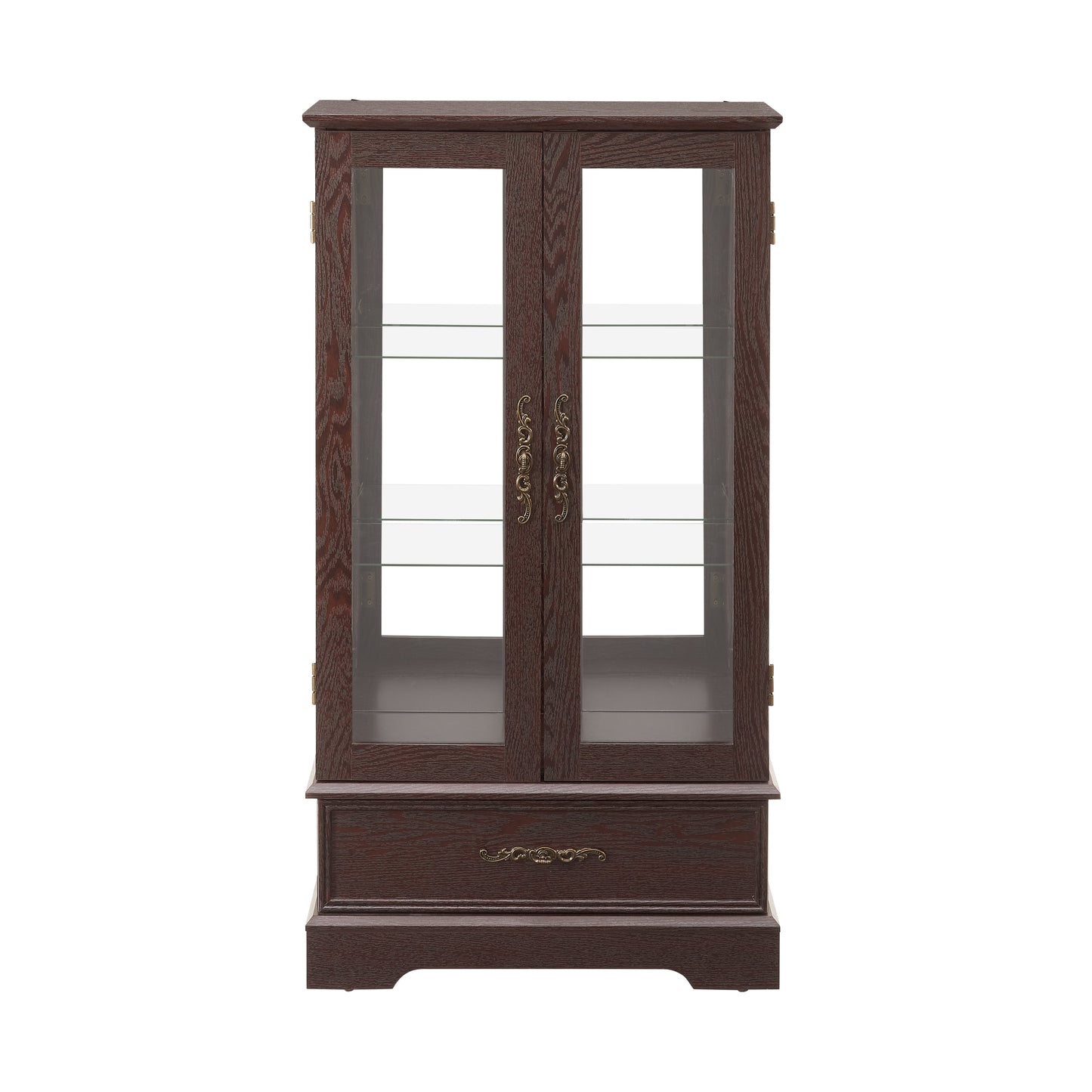 Light colored glass cabinet with adjustable glass frame Curio display cabinet, 2 doors and 1 drawer light bulb cherry color eprolo
