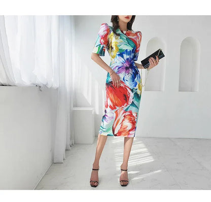 Tingfly Women Vintage Elegant Aesthetic Flower Print Slim Bodycon Dresses - Shello's Creative Boutique