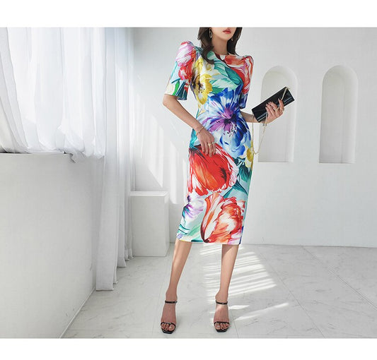 Tingfly Women Vintage Elegant Aesthetic Flower Print Slim Bodycon Midi Party Night Dresses Casual Office Lady Work Elbise Wear