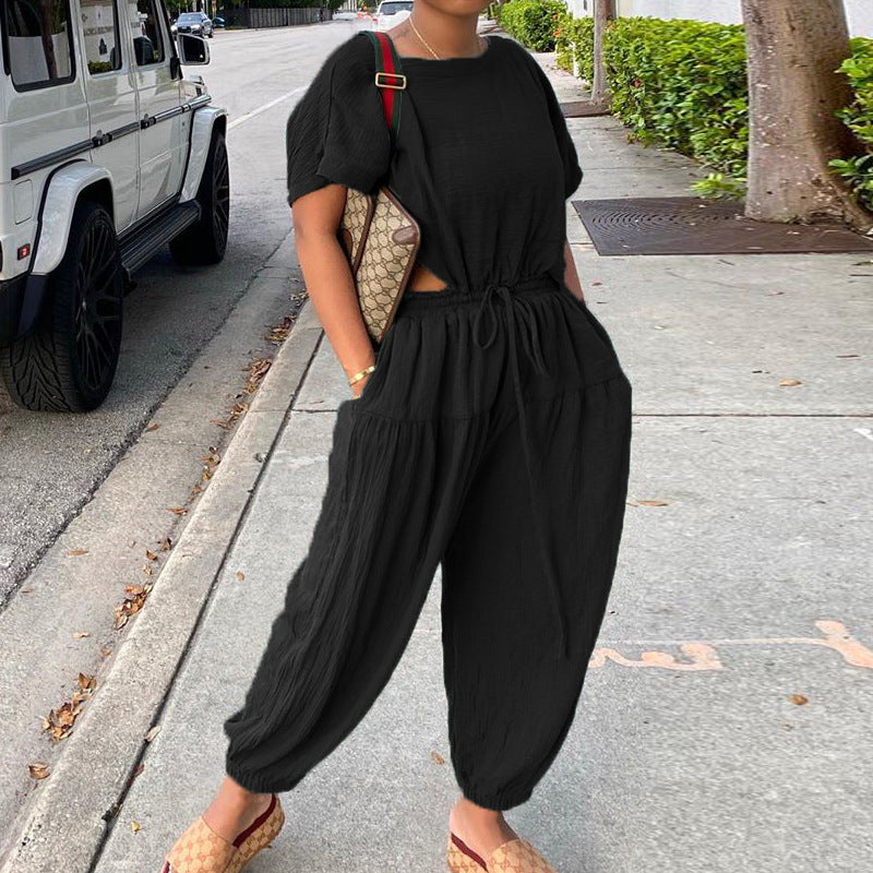 Women's Elastic Cotton And Linen Fashion Casual Wide Leg Pants Solid Color Two Piece Suit eprolo