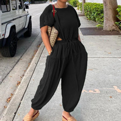 Women's Elastic Cotton And Linen Fashion Casual Wide Leg Pants Solid Color Two Piece Suit - Shello's Creative Boutique