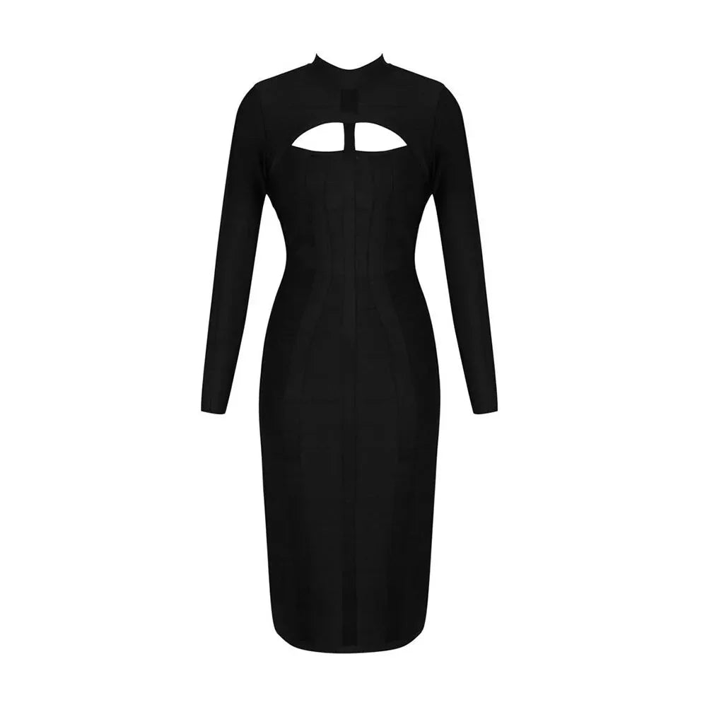 White Hollow Out Bandage Midi Dress - Long Sleeve Bodycon - Shello's Creative Boutique
