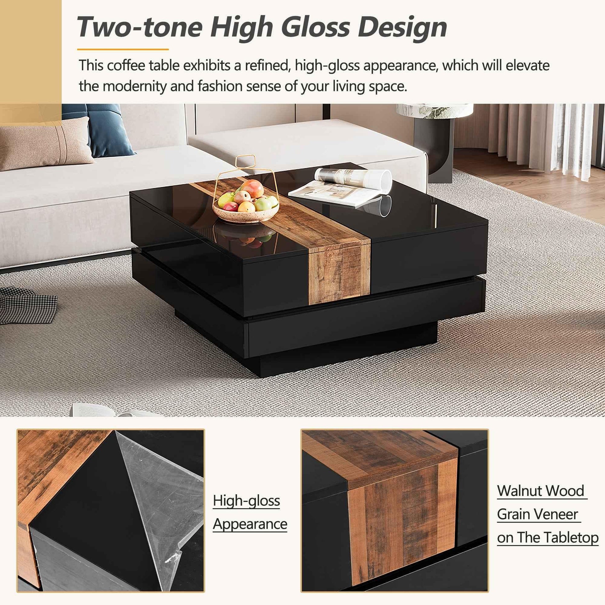 Modern High Gloss Coffee Table - 80cm Square with Sliding Top & Hidden Storage (Black) - Shello's Creative Boutique