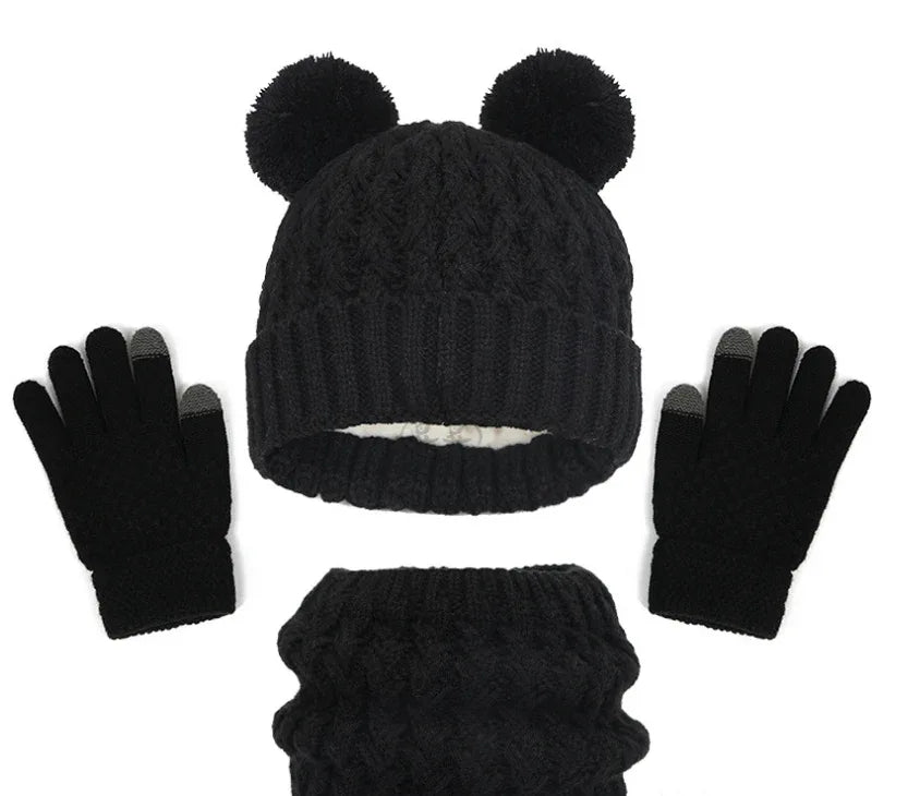European and American children's hats, scarves, gloves, three piece set, autumn and winter plush and thickened double ball baby hats - Shello's Creative Boutique
