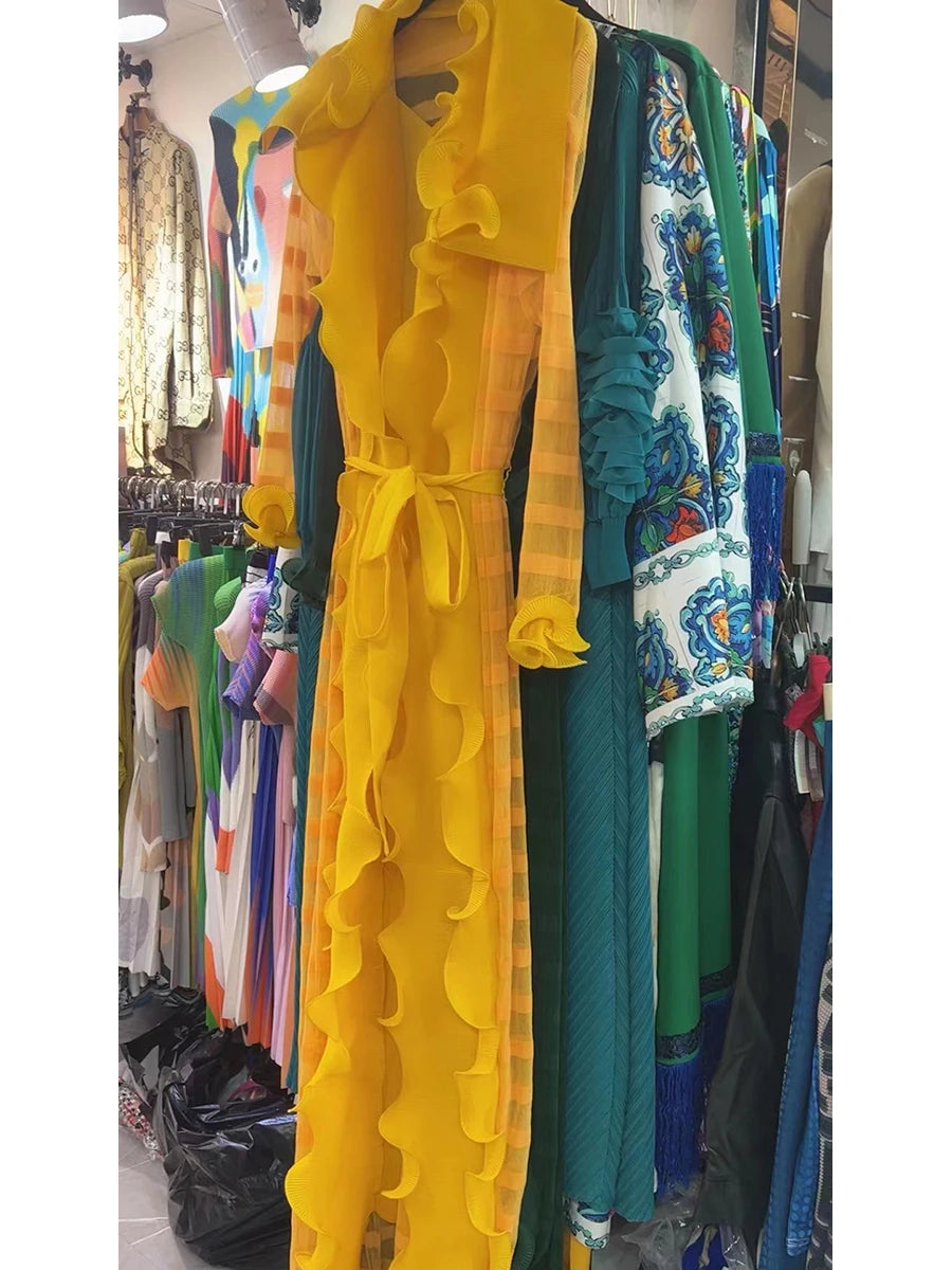 Heavy Industry Pleated Set Solid Flounced Edge Full Sleeved Sexy Evening Party Two Piece Sets for Women eprolo