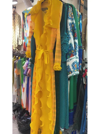 Heavy Industry Pleated Set Solid Flounced Edge Full Sleeved Sexy Evening Party Two Piece Sets for Women - Shello's Creative Boutique
