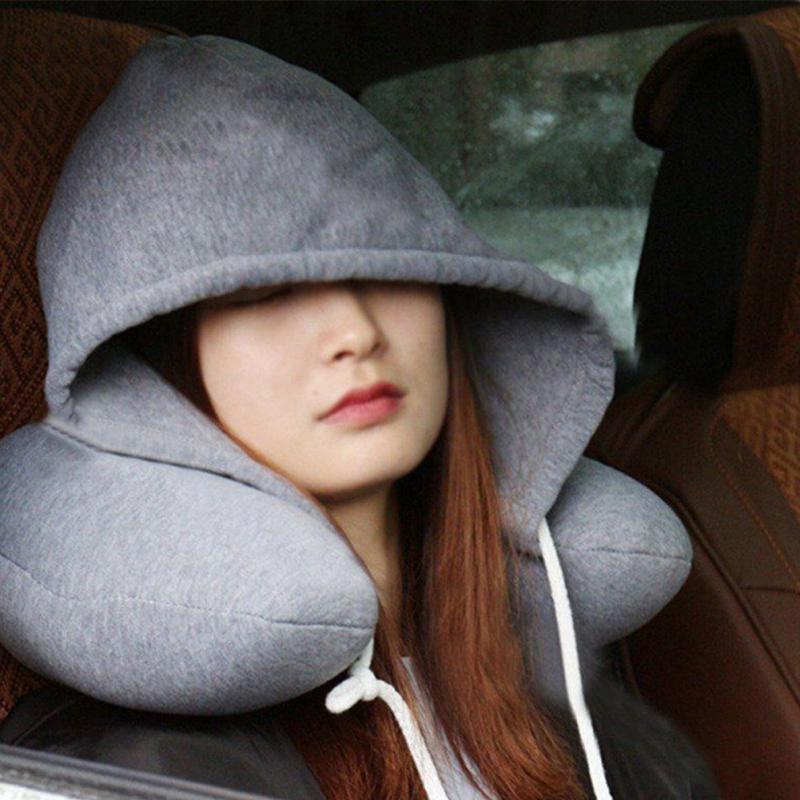Adults Portable Solid U shaped Pillow Drawstring Microbeads soft Hooded Neck pillow for Trave