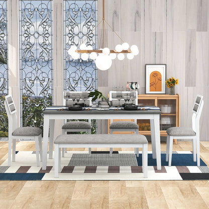 TREXM Classic and Traditional Style 6 - Piece Dining Set, Includes Dining Table 4 Upholstered Chairs & Bench (White+Gray) - Shello's Creative Boutique