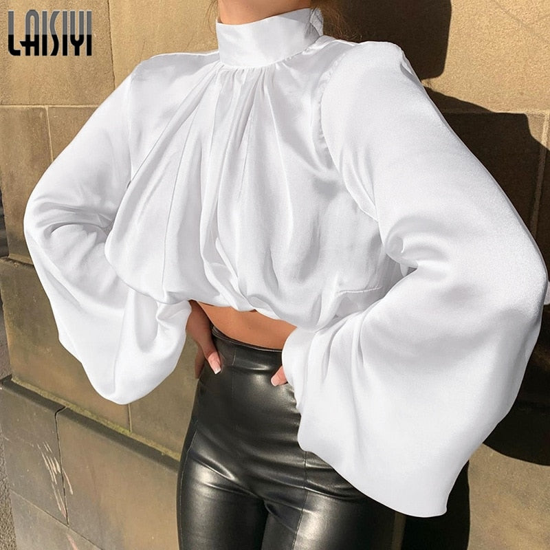 Blouses Satin Lantern Long Sleeve Women Blouse Spring Autumn Turtleneck Silk Women's Cropped Blouses and Shirts Top Blusas eprolo