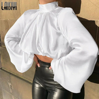 Satin Lantern Sleeve Blouse - Turtleneck Cropped Top - Shello's Creative Boutique