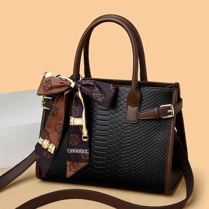 Genuine Leather Women's Briefcase - Commuting Style Bag in Embossed Snakeskin Pattern with Contrasting Color - Shello's Creative Boutique