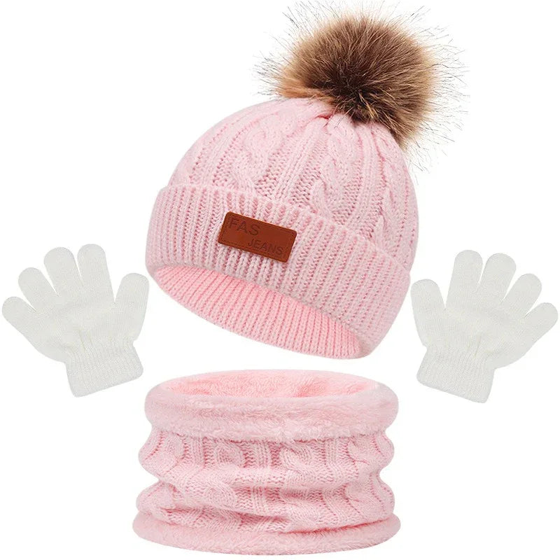Children's hats, scarves, gloves, three piece set, autumn and winter new single ball baby hats - Shello's Creative Boutique