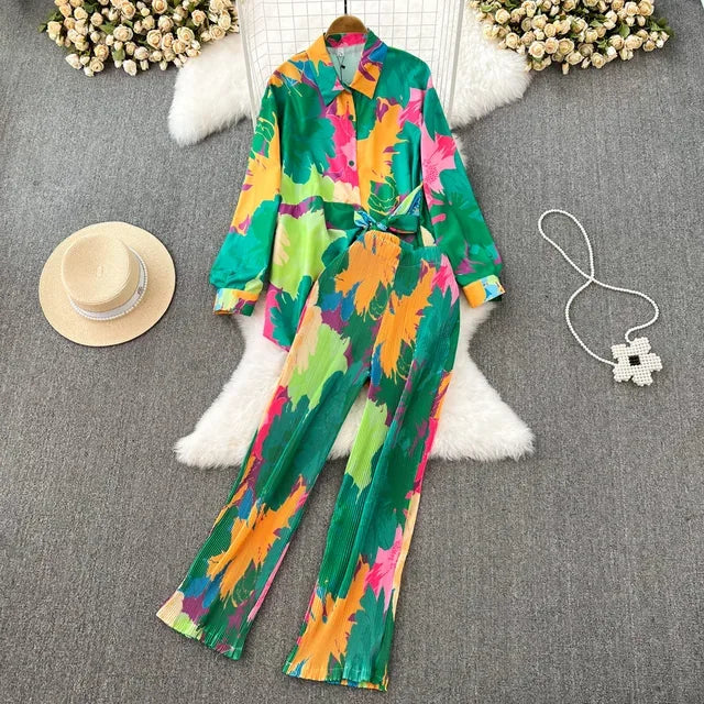 Spring Women Sleepwear Casual Loose Tie-dyed Trousers Suit Long Sleeve Shirts Blouses Wide Leg Pant Female Pajamas 2 Pieces - Shello's Creative Boutique