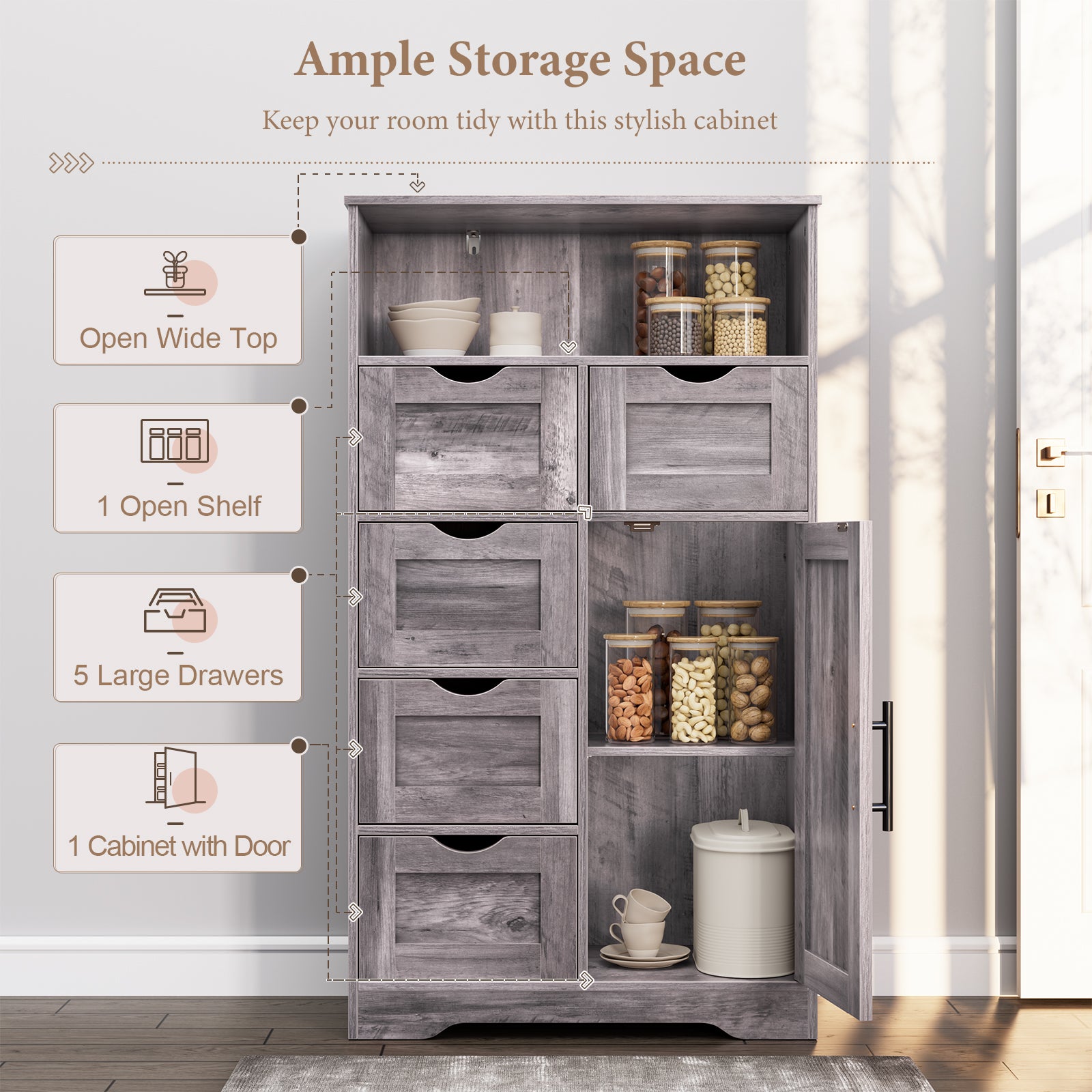 5 Drawers Storage Cabinet with Adjustable Shelves, Bathroom Cabinet with Doors, Floor Cabinet for Living Room Grey eprolo