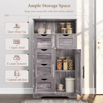 5 Drawers Storage Cabinet with Adjustable Shelves, Bathroom Cabinet with Doors, Floor Cabinet for Living Room Grey - Shello's Creative Boutique