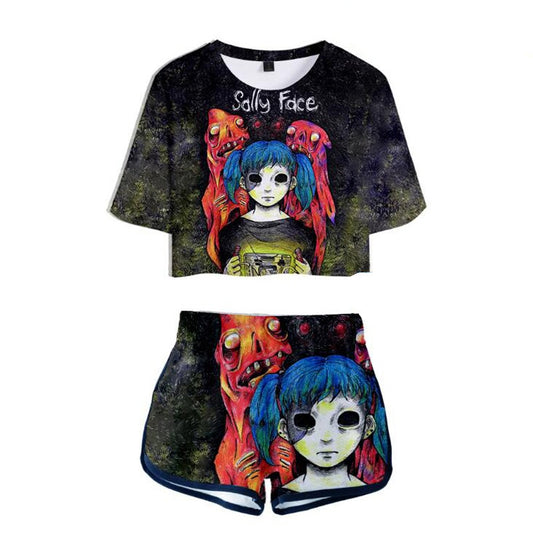 Sally Face 3D Print Women Two Piece Outfits Conjunto Feminino Crop Top Elastic Waist Shorts Pants Sportwear Suits Matching Sets eprolo
