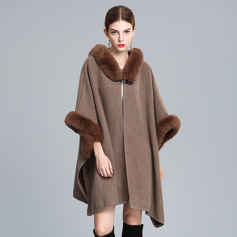 Imitation otter rabbit fur collar hooded shawl cape plus size woolen coat loose cardigan for women eprolo