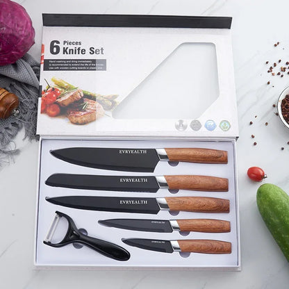 Premium Six-Piece Stainless Steel Kitchen Knife Set – Wooden Handle Edition - Shello's Creative Boutique