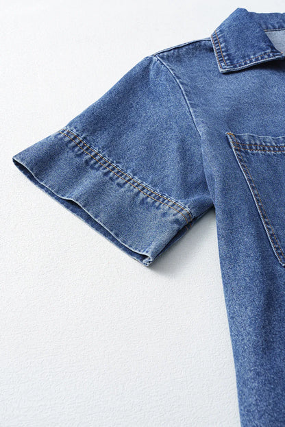 Denim Mini Dress - Women's Short Sleeve Collared Shirt Dress - Shello's Creative Boutique