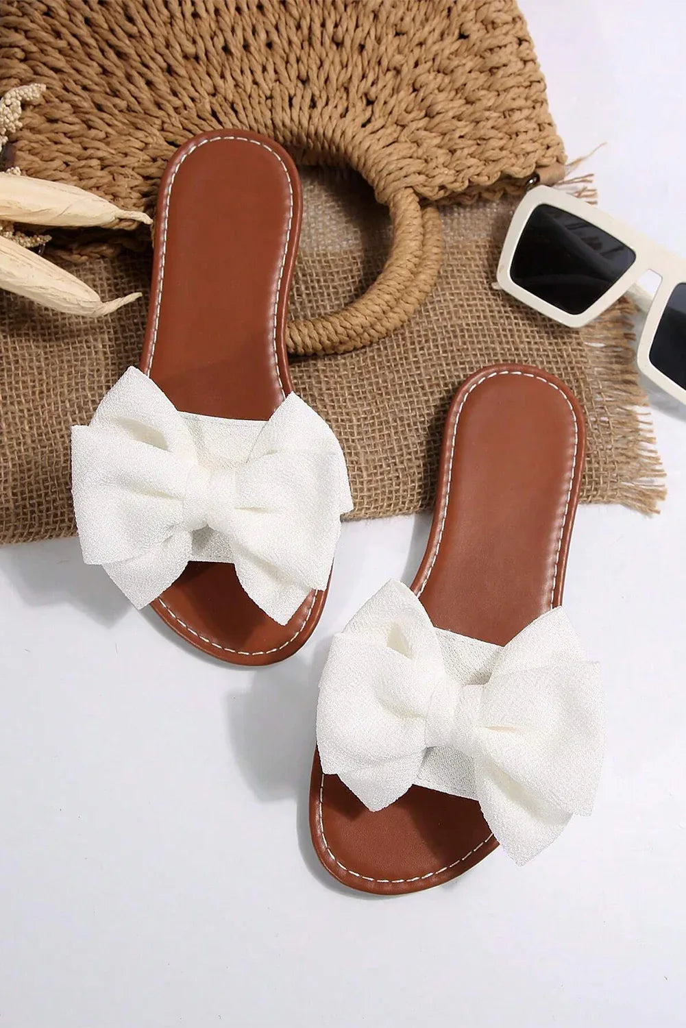 White Bow Decor Flat Slippers - Shello's Creative Boutique