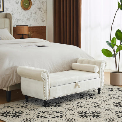 Velvet Multifunctional Storage Rectangular ottoman bench with 1 Pillow, Beige - Shello's Creative Boutique