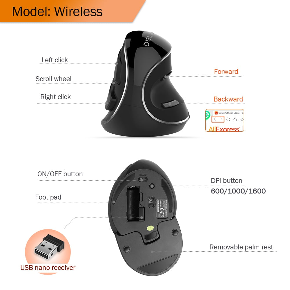 Delux M618 PLUS Ergonomics Vertical Gaming Mouse 6 Buttons 4000 DPI RGB Wired/Wireless