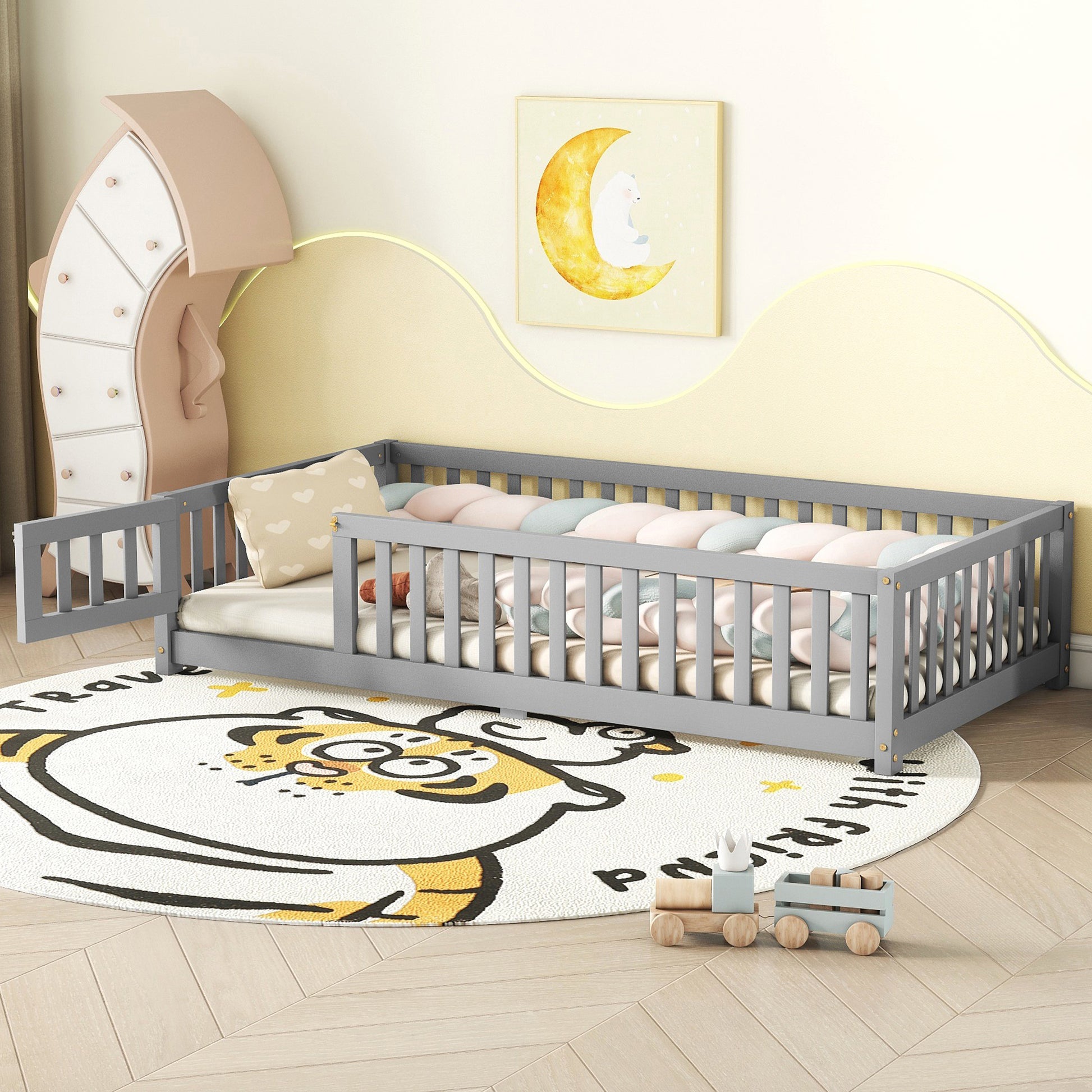 Twin Size Bed Floor Bed with Safety Guardrails and Door for Kids, Gray eprolo