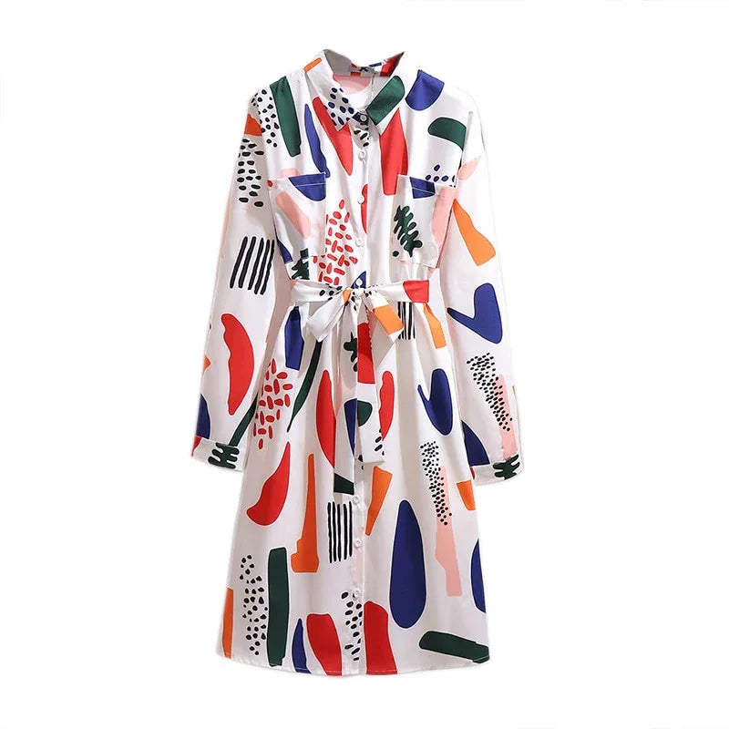 Plus Size Chiffon Dress with Belt - Long Sleeve Printed Dress 2XL-6XL - Shello's Creative Boutique