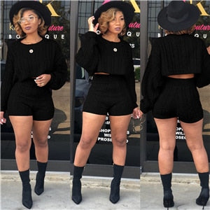 Women Knitted Sweaters Two Piece Set O Neck Long Sleeve Loose Crop Top High Waist Shorts eprolo
