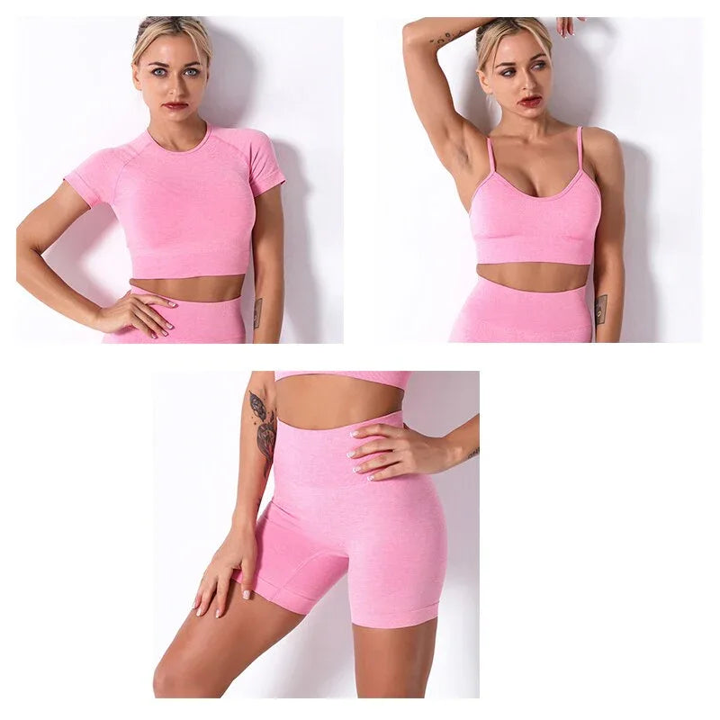 2Pcs/3Pcs/4Pcs Yoga Set Women Clotching Fitness Sportswear Seamless High Waist Leggings Shorts Shirt Crop Top Sport Bra - Shello's Creative Boutique