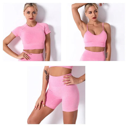 2Pcs/3Pcs/4Pcs Yoga Set Women Clotching Fitness Sportswear Seamless High Waist Leggings Shorts Shirt Crop Top Sport Bra - Shello's Creative Boutique