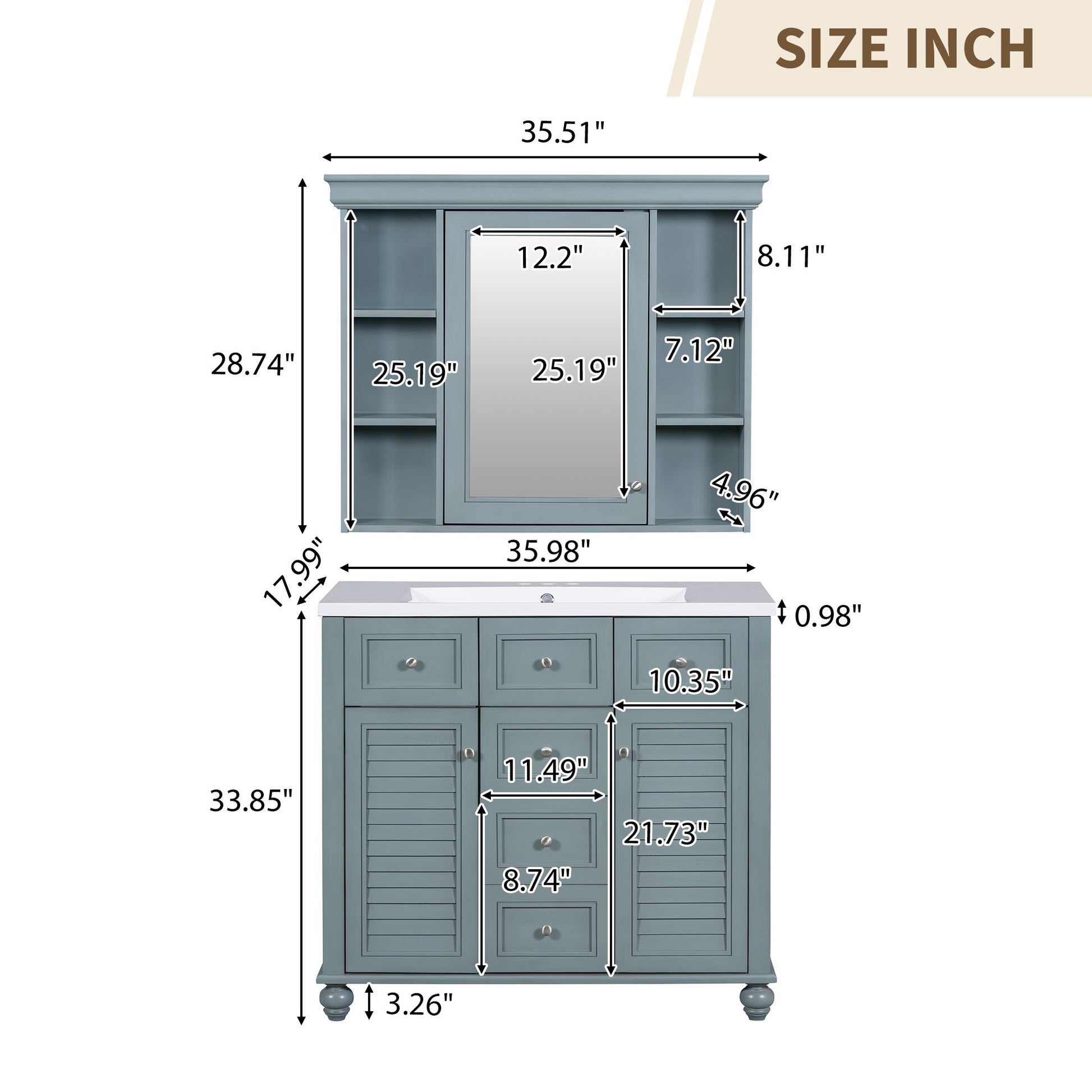 36 inch modern mirror cabinet with adjustable shelves, 2 soft closing doors, and 6 drawer storage cabinet door organizers eprolo