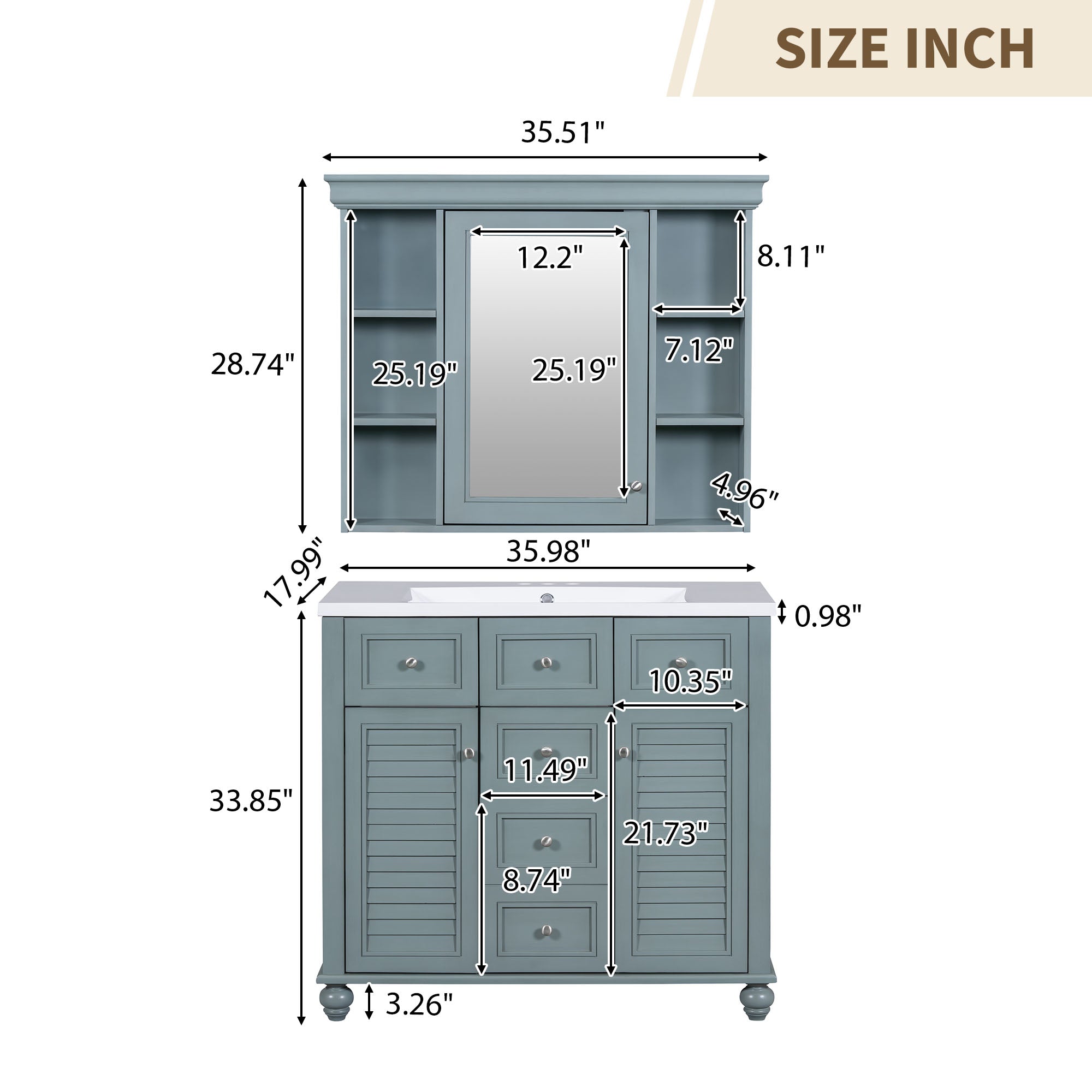36 inch modern mirror cabinet with adjustable shelves, 2 soft closing doors, and 6 drawer storage cabinet door organizers eprolo